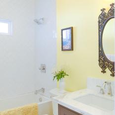 Yellow Small Bathroom With Brown Vanity