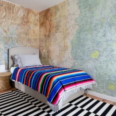 Kid's Bedroom With Map Wall Mural & Striped Bedding