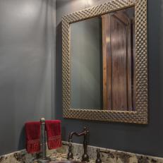 Gray Powder Room With Industrial Sconce & Drop-In Sink