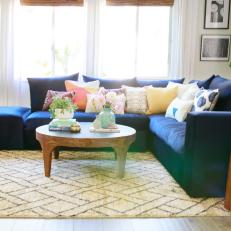 Blue Sectional and Neutral Geometric Rug