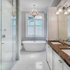 Sleek, Contemporary Bathroom Features Freestanding Bathtub & Walk-In Shower
