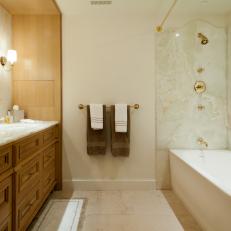 Neutral Contemporary Bathroom with Marble Shower, Tub and Tile Floors