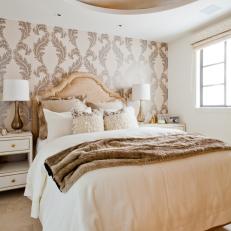 Elegant Guest Bedroom With Crystal Chandelier, Patterned Wallpaper