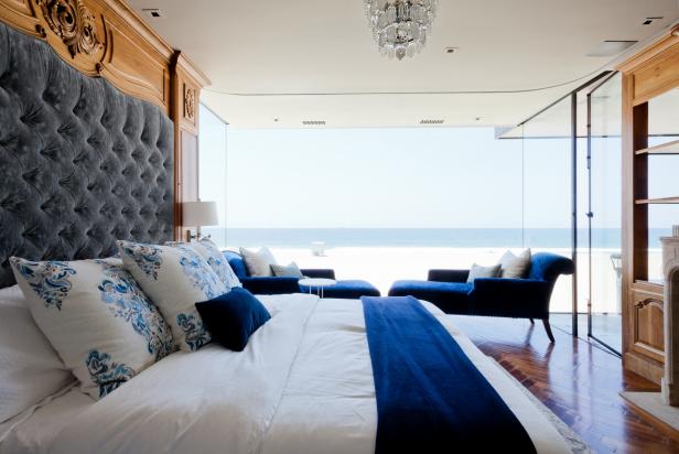 Beach Master Bedroom with White and Blue Linens