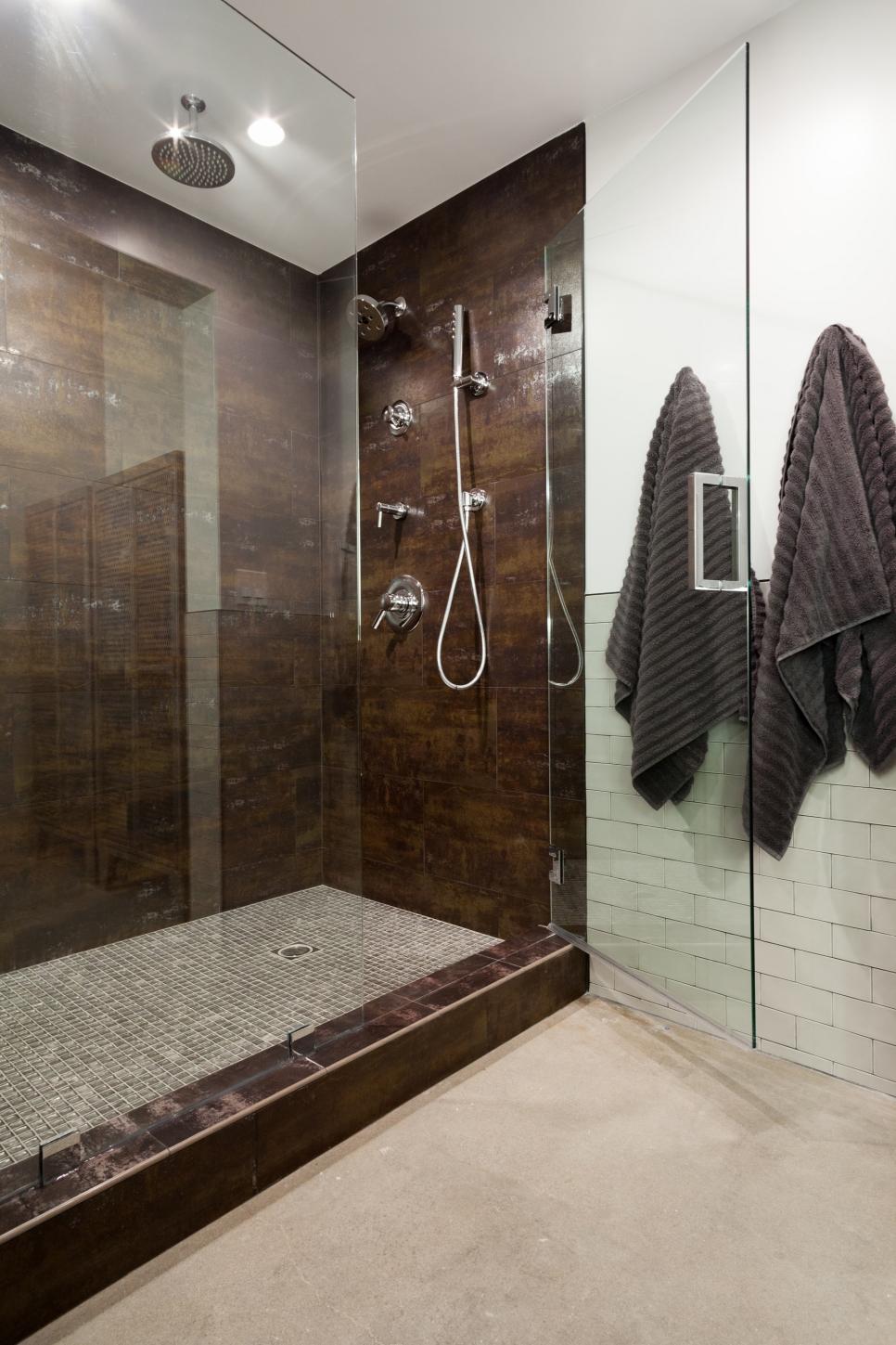 Contemporary Bathroom Features Brown Tile Shower | HGTV