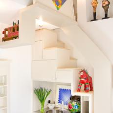 White Tansu-Inspired Staircase-Shaped Kitchenette