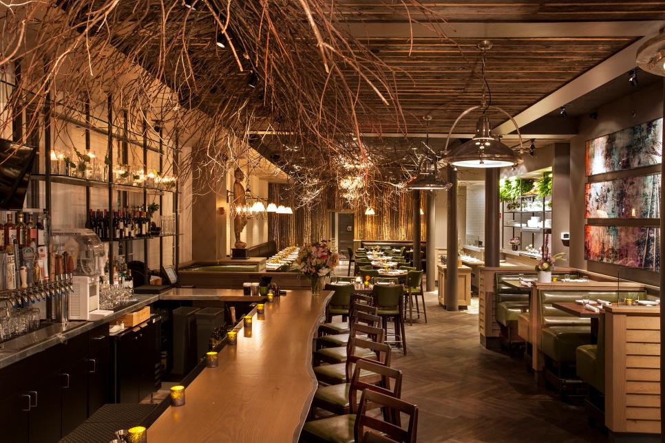 Contemporary Restaurant With Tree Branch Light Fixtures