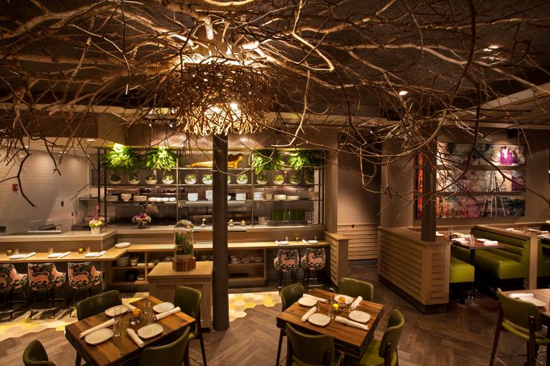 Asian Restaurant With Tree Branch Light Fixtures