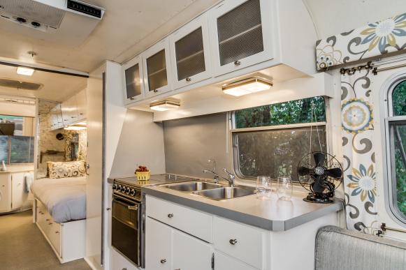 White Kitchen and Bedroom in Trailer