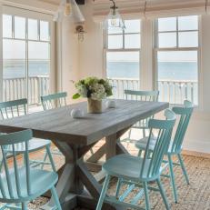 Coastal Dining Room With Beachy Blue Dining Chairs