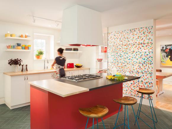 Contemporary White Kitchen With Red Island and White Range Hood