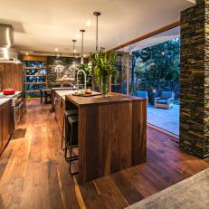 Galley Kitchen Features Large Sliding Glass Door