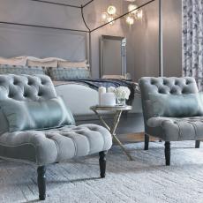 Gray Transitional Bedroom With Slipper Chairs