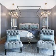 Gray Blue Transitional Bedroom With Twin Chairs