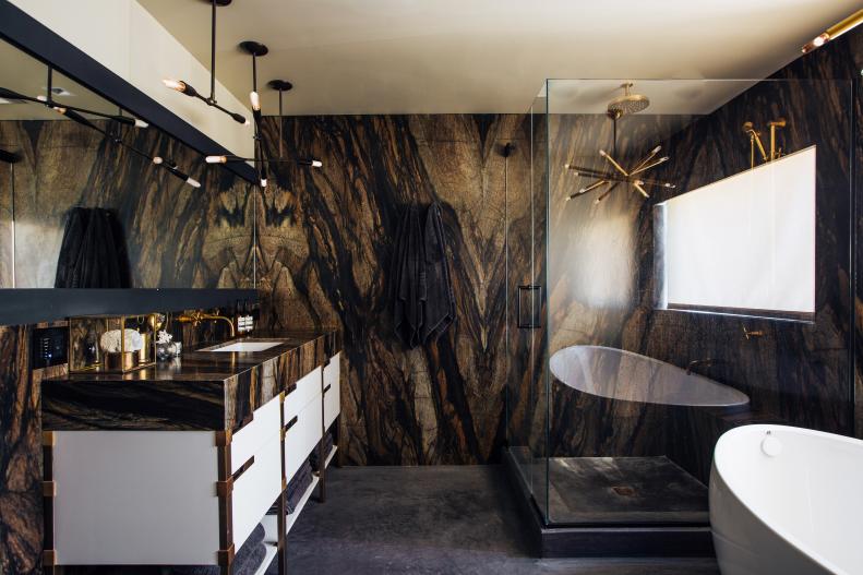 Bathroom With Wood-Patterned Wall Treatment, Shower and Tub