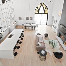 Modern White Great Room With Stained Glass Windows
