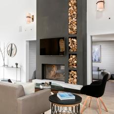 Gray and White Modern Living Room With Firewood