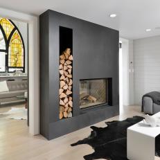 Black and White Modern Living Room With Fireplace