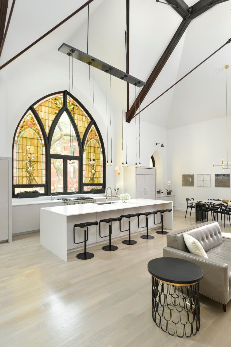 White Open Great Room With Stained Glass Window