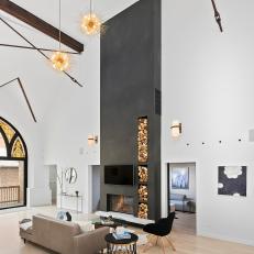 White Modern Living Room With Gray Fireplace