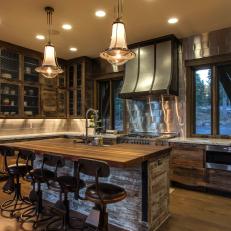 Brown Rustic Kitchen With Vintage Barstools