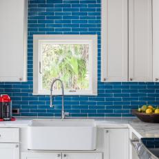 Bright Blue Backsplash in 1940s Vintage Glam Kitchen