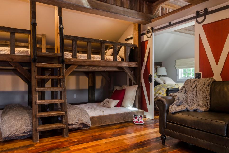 Kids Rustic Room With Bunk Beds And, Sliding Barn Door Loft Bed