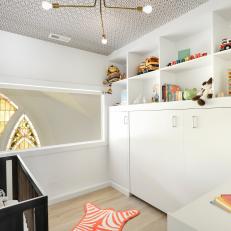 White Contemporary Nursery With Graphic Wallpaper Ceiling
