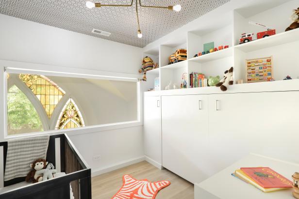 White Contemporary Nursery With Graphic Wallpaper Ceiling