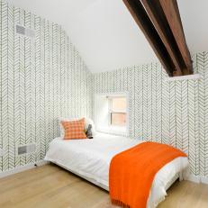 Green and White Contemporary Bedroom With Orange Accents