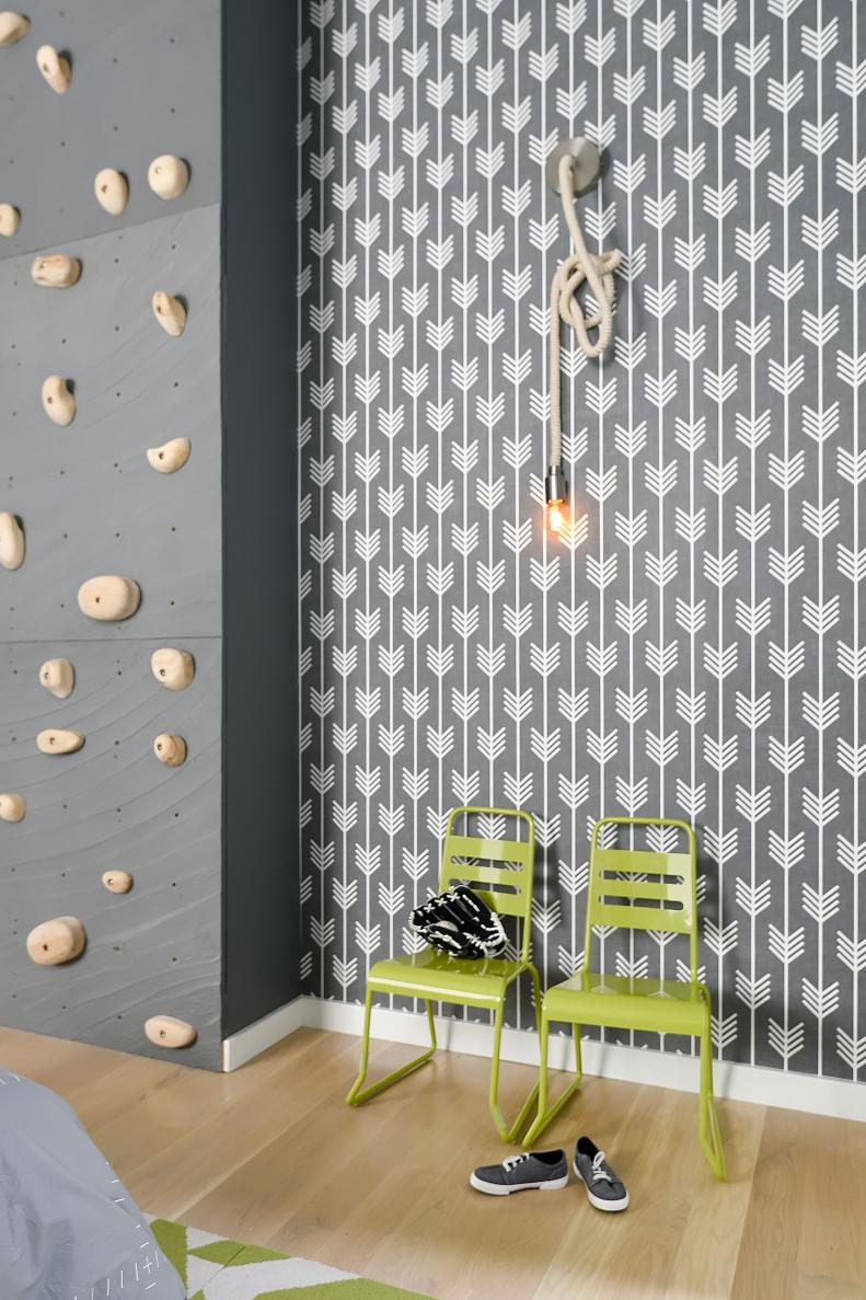 Gray Graphic Wallpaper and Rope Sconce Light