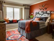 Orange Transitional Bedroom With Orange Rug