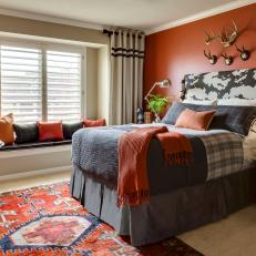 Orange Transitional Bedroom With Orange Rug