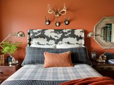 Orange Bedroom With Plaid Bedding