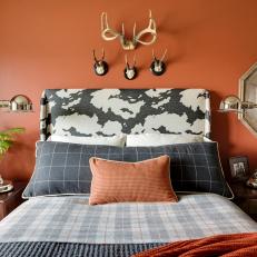 Orange Transitional Bedroom With Plaid Bedding
