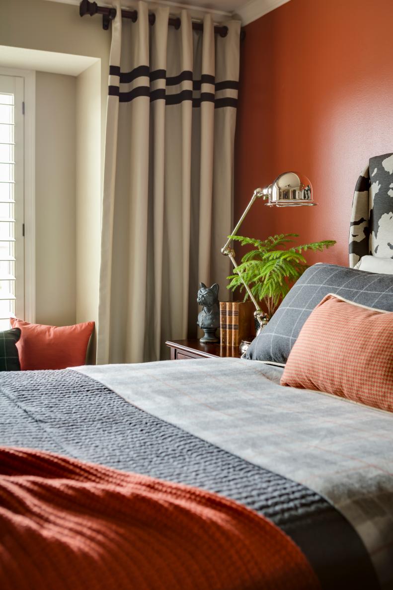 Orange Transitional Bedroom With White Curtains