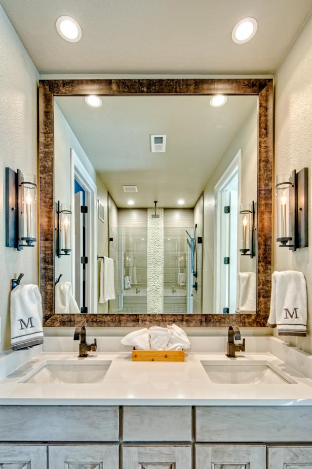 White Double Vanity With Large Wood Mirror | HGTV