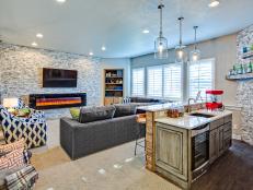 Transitional Basement Family Room With Wet Bar