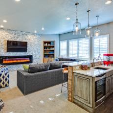 Transitional Basement Family Room With Wet Bar