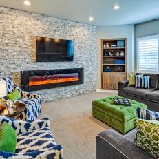 Neutral Basement Family Room With Green Ottoman