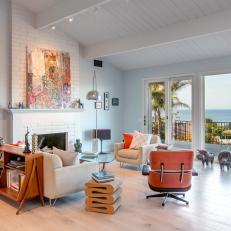 Oceanfront Living Room With Midcentury Modern Furniture