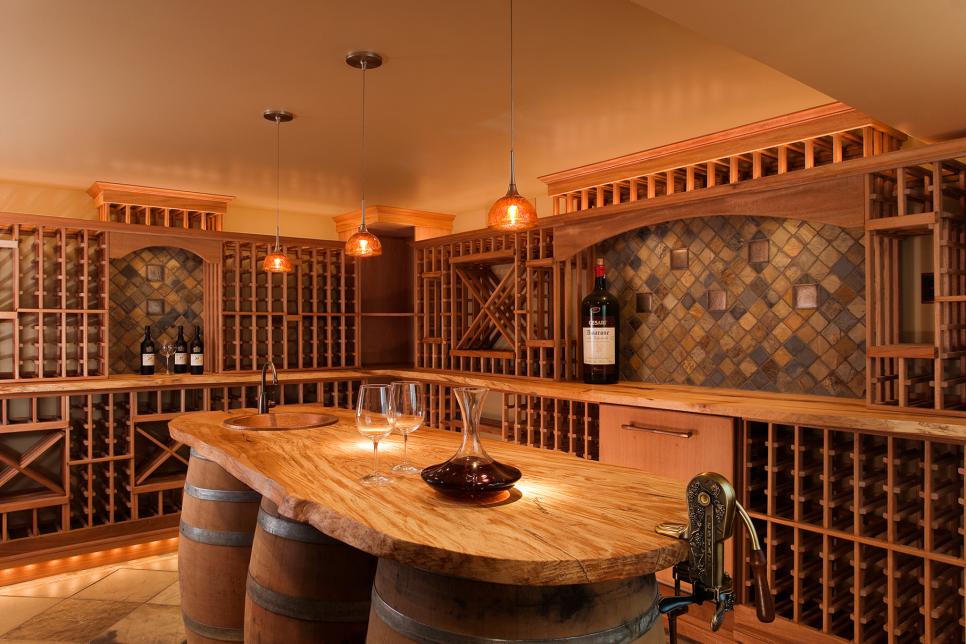Luxurious Wine Cellar With Barrel, Wine Cellar In Kitchen Island