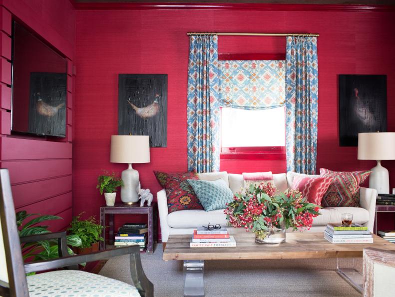 Mixed Media Art in Bold Red Transitional Living Room