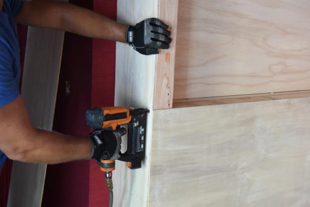 Just cut the PVC with a chop saw, to your specs. Make sure that the hole is placed within easy access to cable or electric outlets. Then, move on to cladding the rest of the frame in plywood, using your nail gun