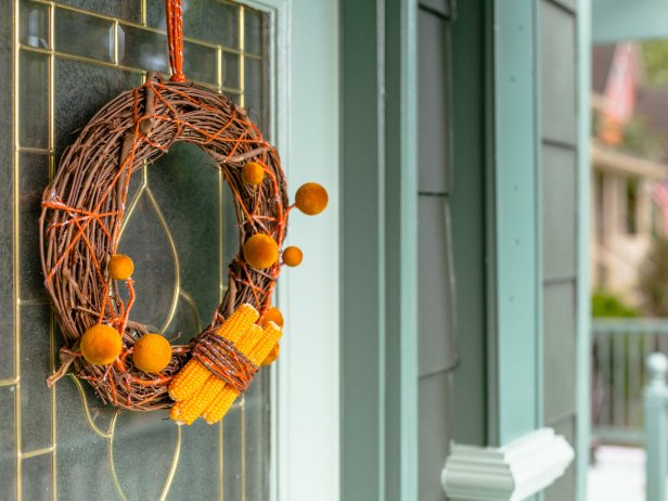 Close-Up of Dried Corn Wreath Hanging on Front Door