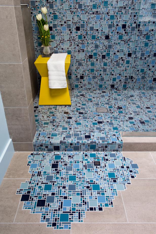 Blue Glass Mosaic Tile With Puddling Effect on Floor | HGTV