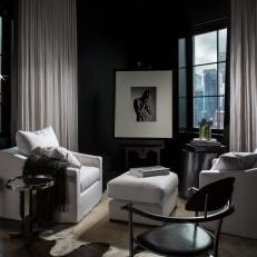 Black and White Transitional Sitting Room With Curtains