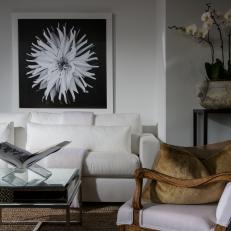White Transitional Living Room With Flower Art