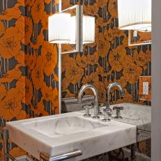 Orange Floral Powder Room With Midcentury Modern Influences