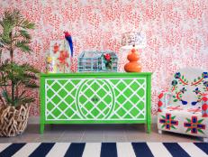 Eclectic Space With Pink Tropical Wallpaper & Lime Green Sideboard